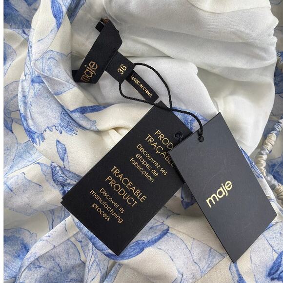 Maje Romentic Blue Flower Print Ecru Base Mini Patterned Dress 36 | Small - Picture 6 of 10